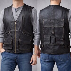 TKO Biker Vest Multi Pocket Utility Rucksack Mens XL Black Leather  Back Zip Up